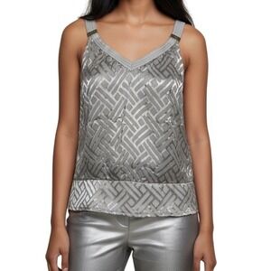 🆕 WHITE HOUSE BLACK MARKET Silver Gray Metallic Geometric Burnout Top EUC XS